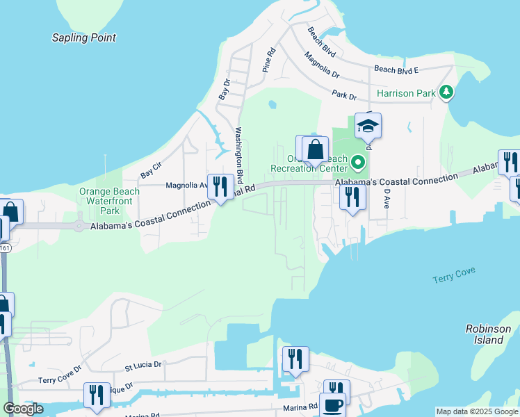 map of restaurants, bars, coffee shops, grocery stores, and more near in Orange Beach