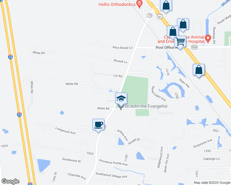 map of restaurants, bars, coffee shops, grocery stores, and more near 15253 Old Jefferson Highway in Prairieville
