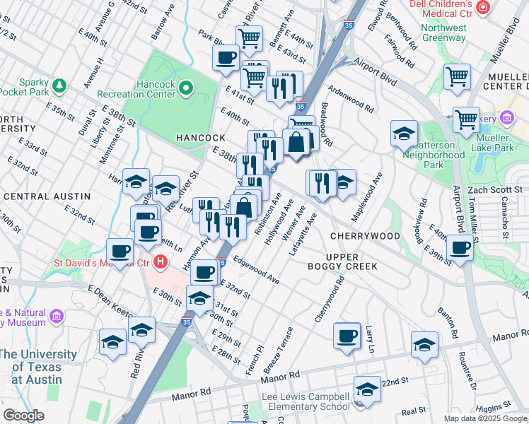 map of restaurants, bars, coffee shops, grocery stores, and more near 3504 Hollywood Avenue in Austin