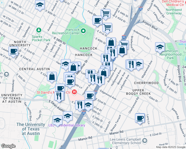map of restaurants, bars, coffee shops, grocery stores, and more near 921 Luther Lane in Austin
