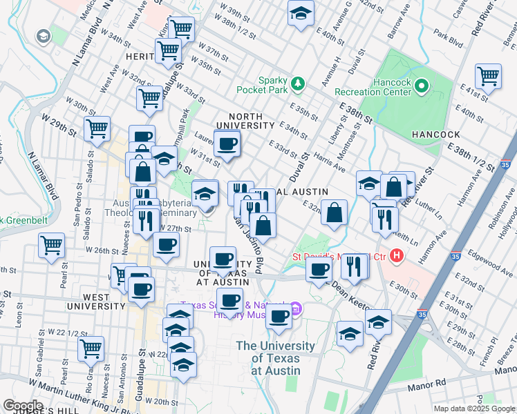 map of restaurants, bars, coffee shops, grocery stores, and more near 3006 Duval Street in Austin