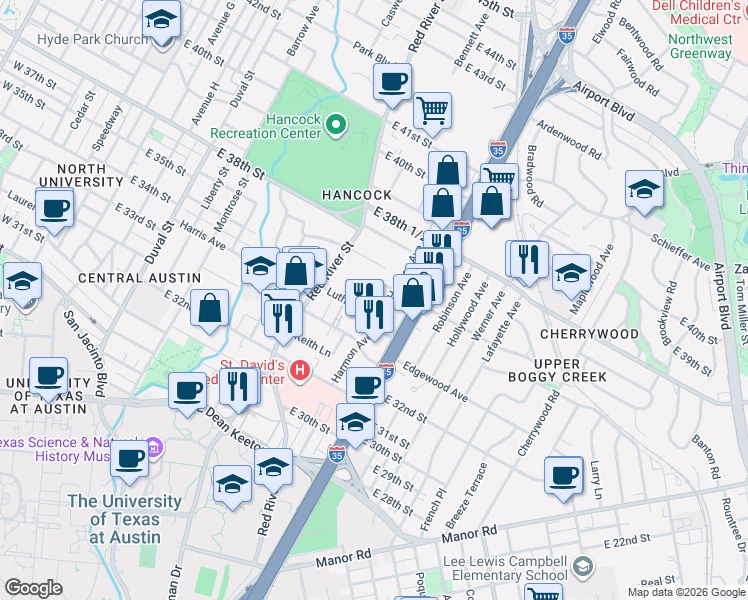 map of restaurants, bars, coffee shops, grocery stores, and more near 3400 Harmon Avenue in Austin