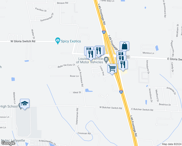 map of restaurants, bars, coffee shops, grocery stores, and more near 208 Cantal Drive in Lafayette