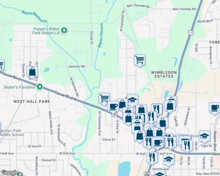 map of restaurants, bars, coffee shops, grocery stores, and more near 536 Beechwood Drive in Slidell