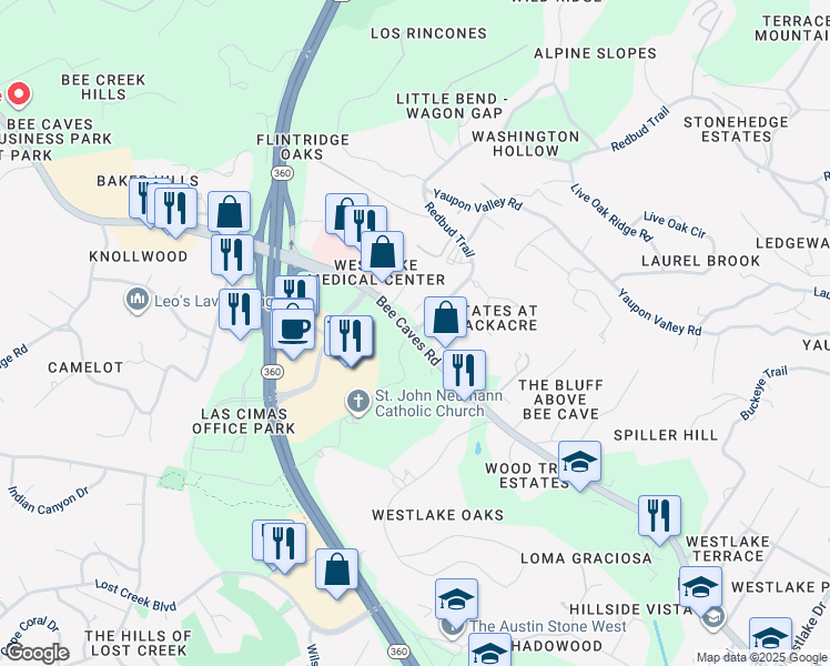 map of restaurants, bars, coffee shops, grocery stores, and more near 1786 Redbud Trail in West Lake Hills