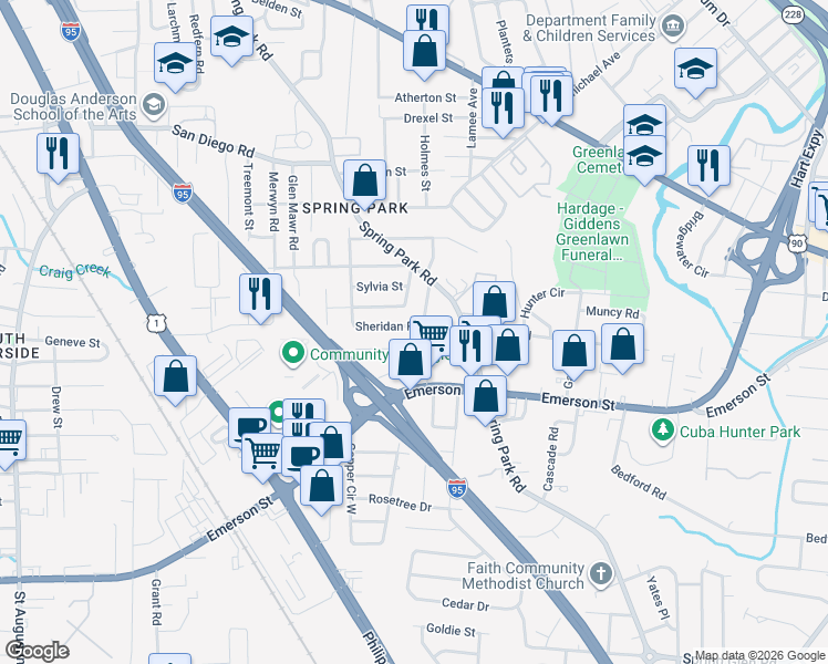 map of restaurants, bars, coffee shops, grocery stores, and more near 3417 Taylor Street in Jacksonville