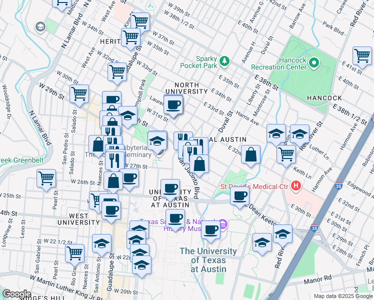 map of restaurants, bars, coffee shops, grocery stores, and more near 304 East 30th Street in Austin
