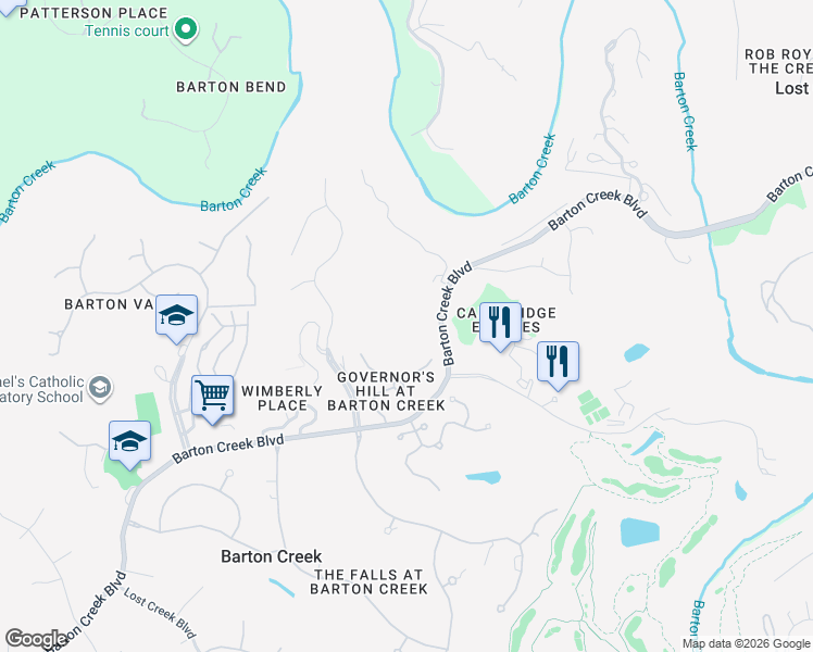 map of restaurants, bars, coffee shops, grocery stores, and more near 1906 Barton Creek Boulevard in Austin