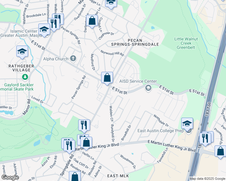 map of restaurants, bars, coffee shops, grocery stores, and more near 5065 Springdale Road in Austin