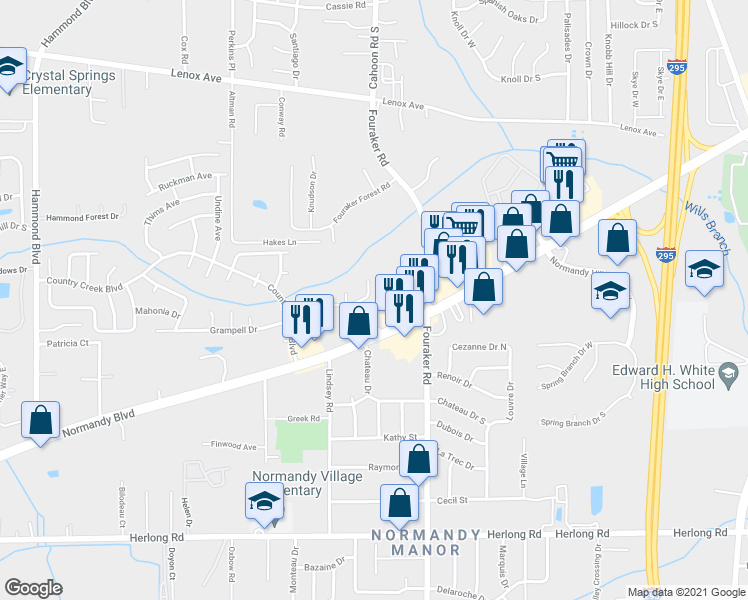 map of restaurants, bars, coffee shops, grocery stores, and more near 8136 Grampell Drive in Jacksonville