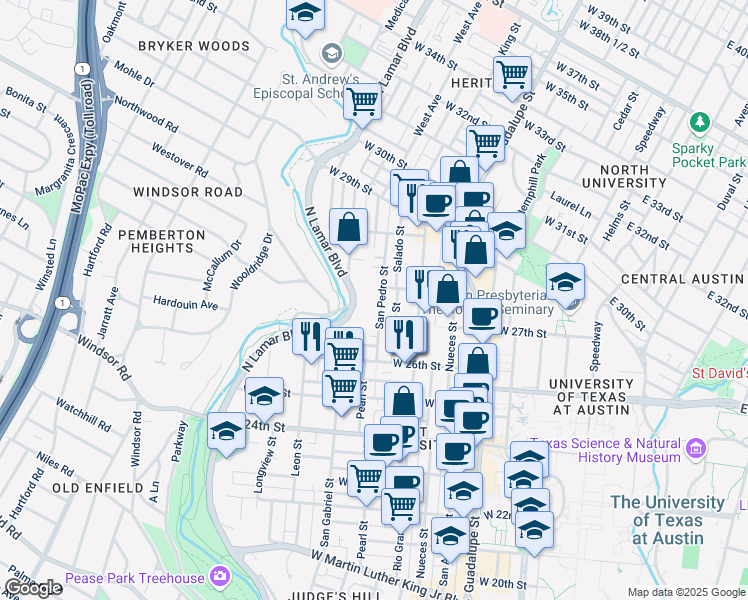 map of restaurants, bars, coffee shops, grocery stores, and more near 2708 San Pedro Street in Austin