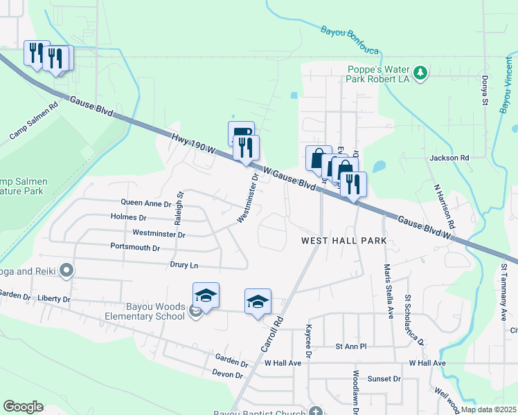 map of restaurants, bars, coffee shops, grocery stores, and more near 120-122 Seville Court in Slidell