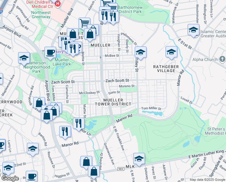 map of restaurants, bars, coffee shops, grocery stores, and more near 4015 Vaughan Street in Austin