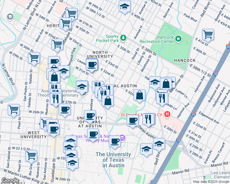map of restaurants, bars, coffee shops, grocery stores, and more near 3006 Duval Street in Austin