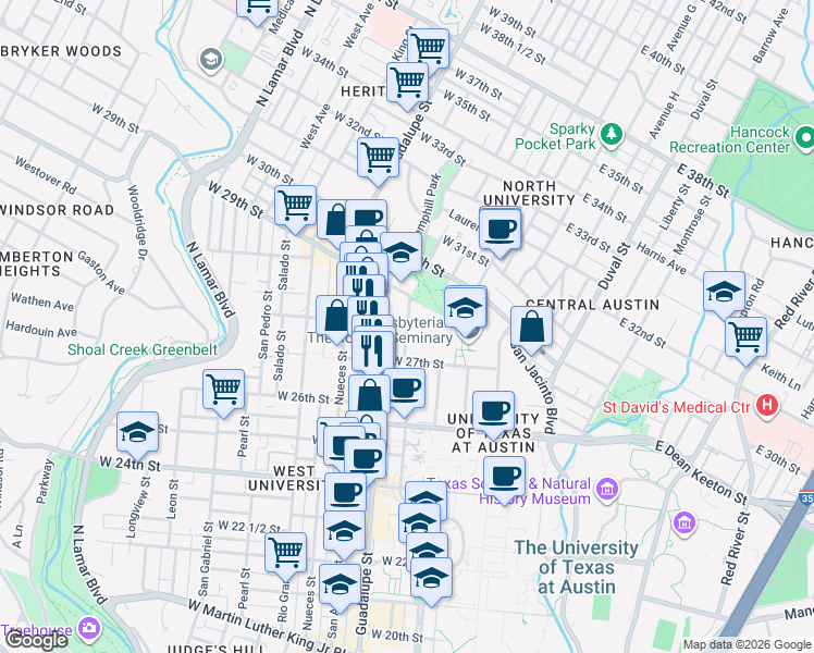 map of restaurants, bars, coffee shops, grocery stores, and more near 210 West 27th Street in Austin