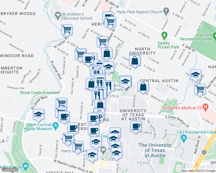 map of restaurants, bars, coffee shops, grocery stores, and more near 210 West 27th Street in Austin