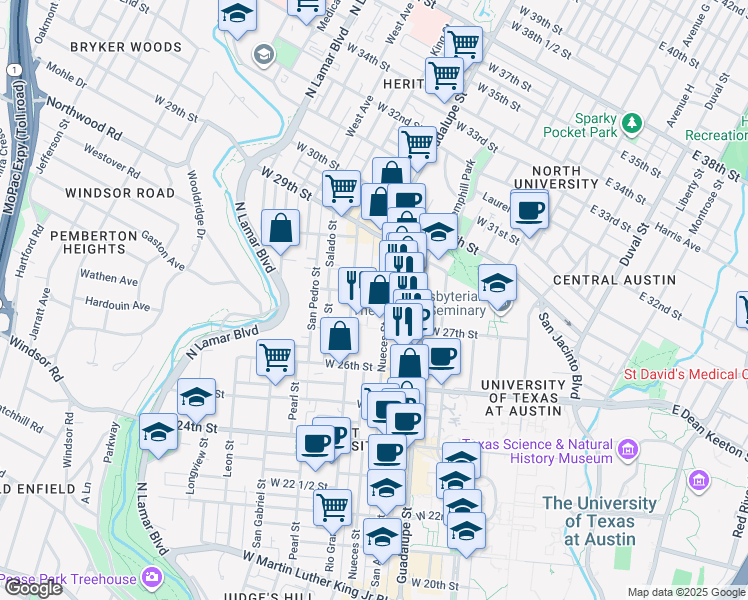 map of restaurants, bars, coffee shops, grocery stores, and more near 101 Nueces Street in Austin