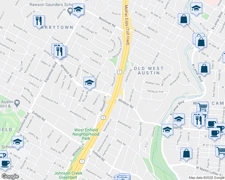 map of restaurants, bars, coffee shops, grocery stores, and more near 2400 Winsted Lane in Austin