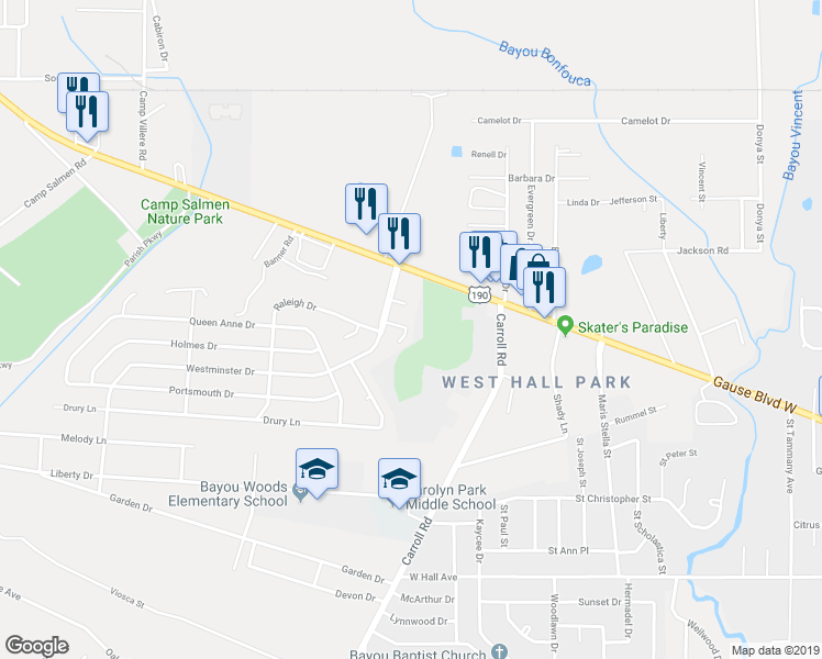 map of restaurants, bars, coffee shops, grocery stores, and more near 125 Seville Court in Slidell