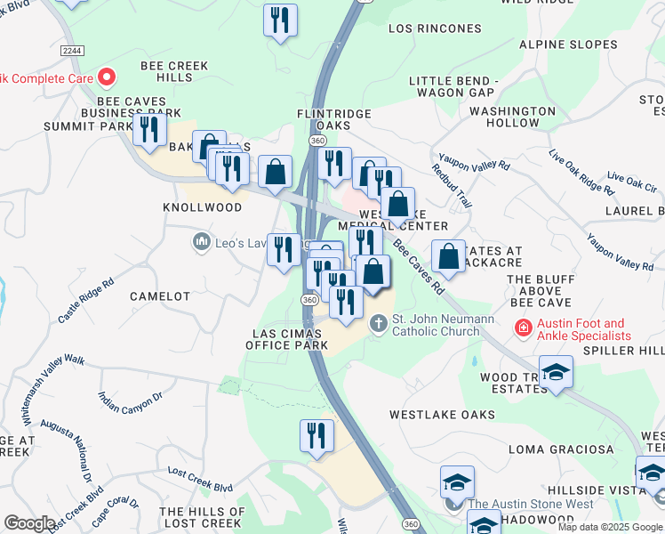 map of restaurants, bars, coffee shops, grocery stores, and more near 2222 Texas 360 Loop in Austin