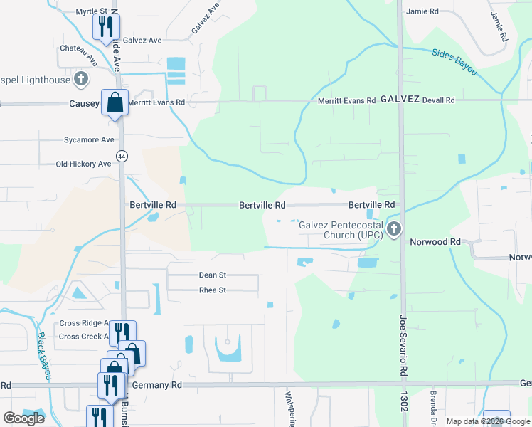 map of restaurants, bars, coffee shops, grocery stores, and more near 41275 Bertville Road in Gonzales
