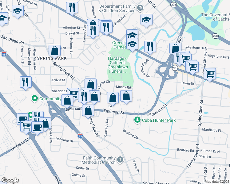 map of restaurants, bars, coffee shops, grocery stores, and more near 3225 Galilee Road in Jacksonville