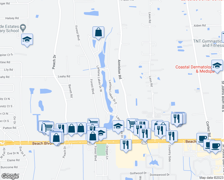map of restaurants, bars, coffee shops, grocery stores, and more near 2901 Lantana Lakes Drive East in Jacksonville