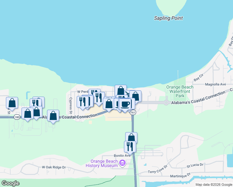 map of restaurants, bars, coffee shops, grocery stores, and more near 25861 Canal Road in Orange Beach