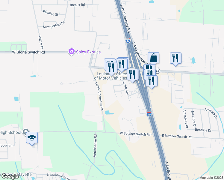 map of restaurants, bars, coffee shops, grocery stores, and more near 206 Cantal Drive in Lafayette