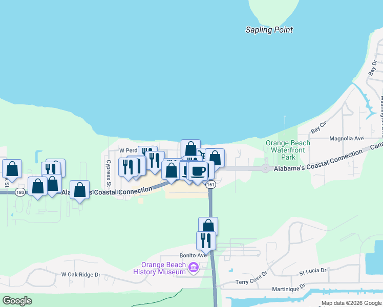 map of restaurants, bars, coffee shops, grocery stores, and more near 25861 Canal Road in Orange Beach