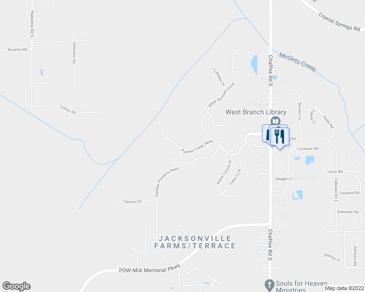 map of restaurants, bars, coffee shops, grocery stores, and more near 11241 Panther Creek Parkway in Jacksonville