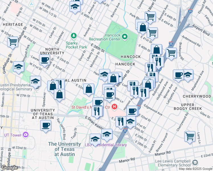 map of restaurants, bars, coffee shops, grocery stores, and more near 3308 Hampton Road in Austin