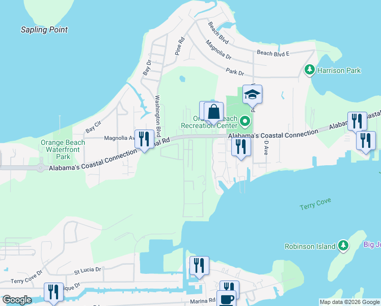 map of restaurants, bars, coffee shops, grocery stores, and more near in Orange Beach