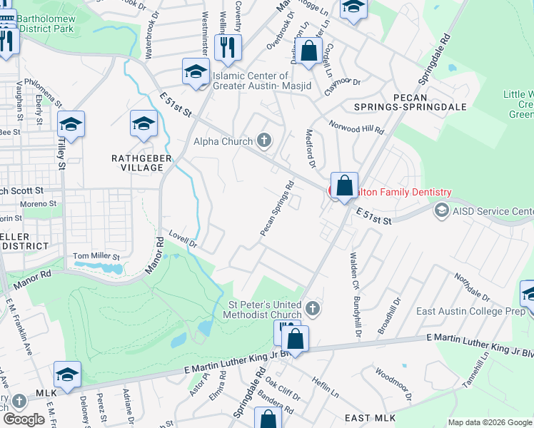 map of restaurants, bars, coffee shops, grocery stores, and more near 4709 Pecan Springs Road in Austin