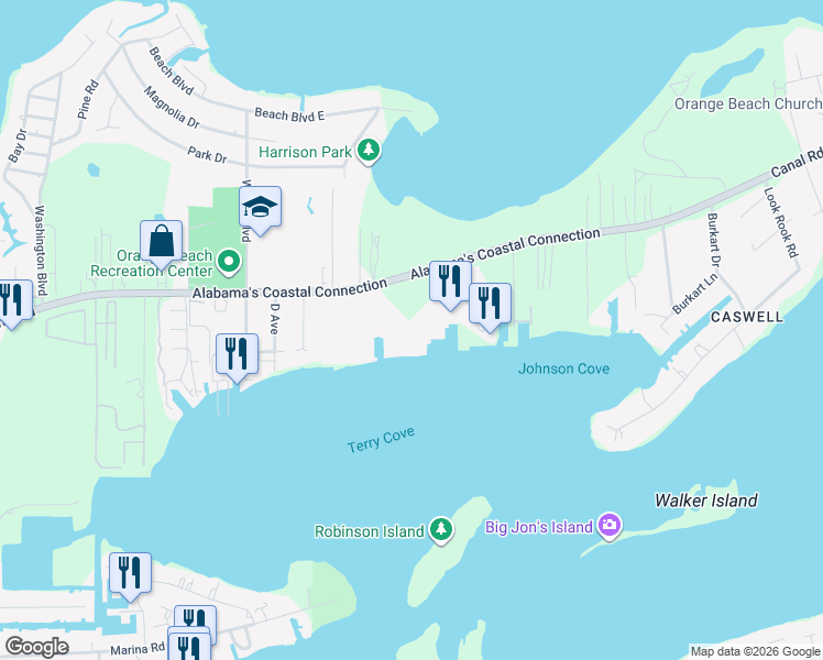map of restaurants, bars, coffee shops, grocery stores, and more near 27778 Canal Road in Orange Beach