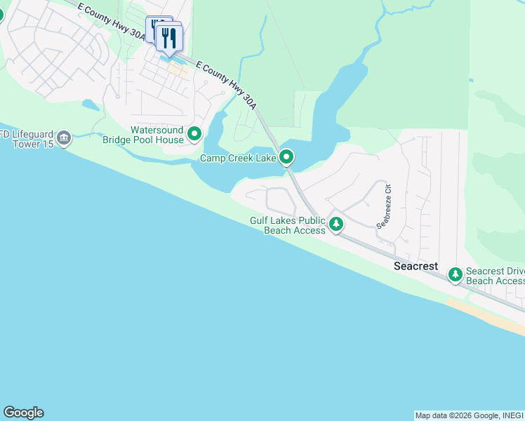 map of restaurants, bars, coffee shops, grocery stores, and more near 223 Pelican Circle in Panama City Beach