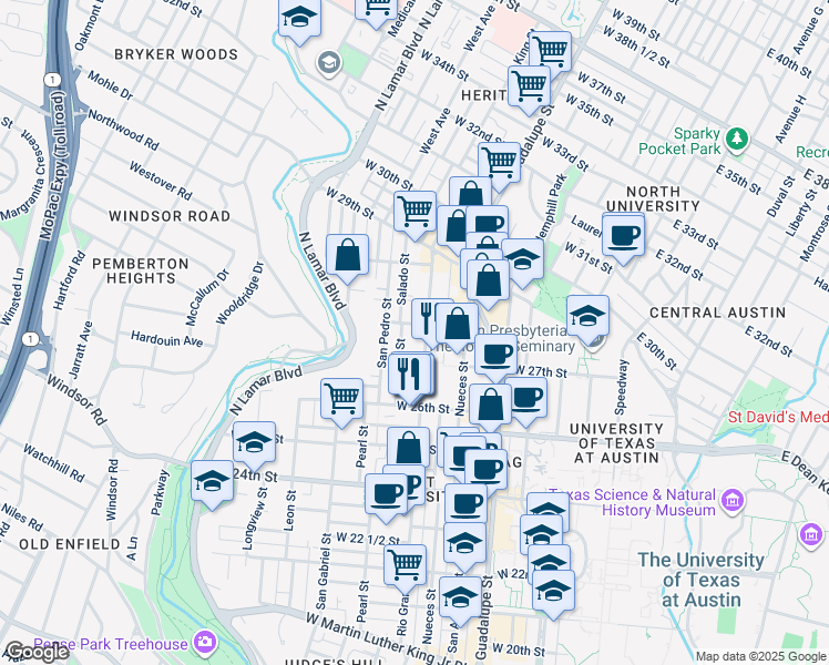 map of restaurants, bars, coffee shops, grocery stores, and more near 2728 Rio Grande Street in Austin