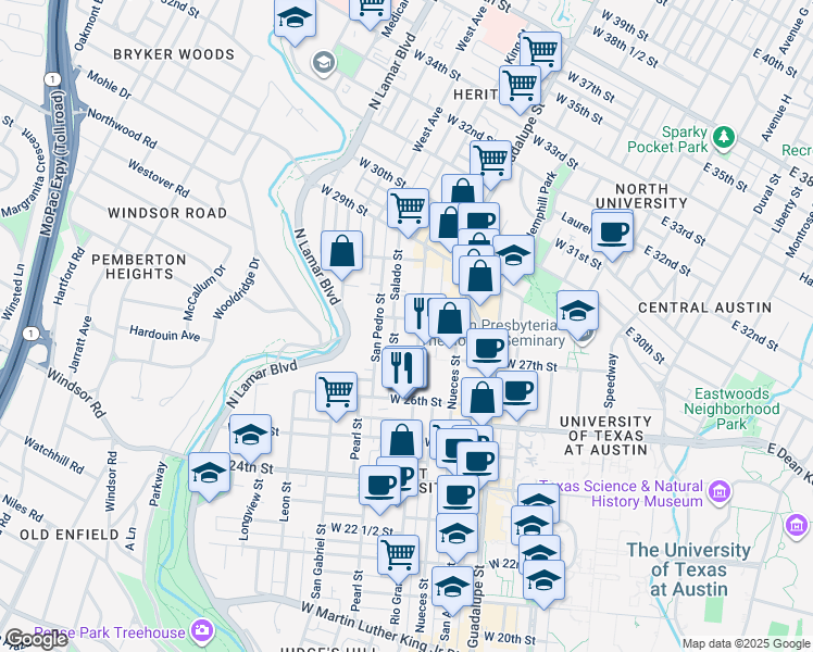 map of restaurants, bars, coffee shops, grocery stores, and more near 2728 Rio Grande Street in Austin