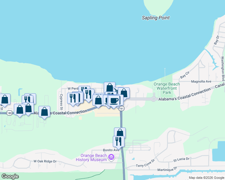 map of restaurants, bars, coffee shops, grocery stores, and more near 25957 Canal Road in Orange Beach