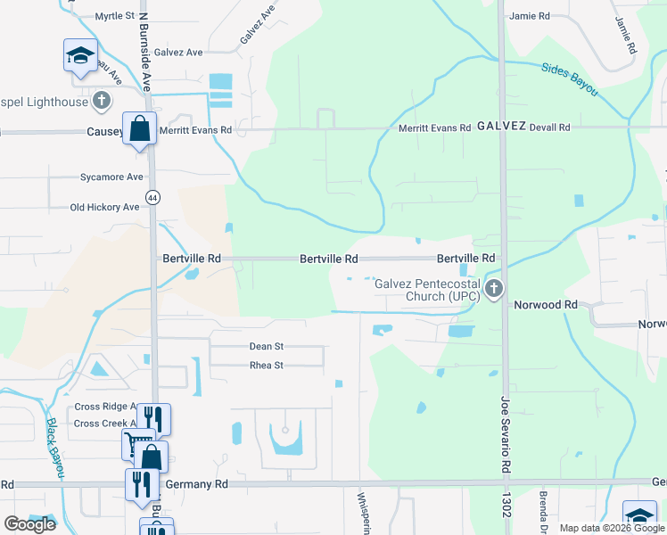 map of restaurants, bars, coffee shops, grocery stores, and more near 41275 Bertville Road in Gonzales