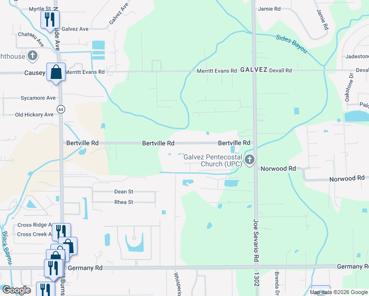 map of restaurants, bars, coffee shops, grocery stores, and more near 41339 Bertville Road in Gonzales
