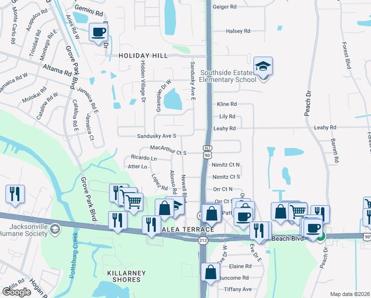 map of restaurants, bars, coffee shops, grocery stores, and more near 2914 Newell Boulevard in Jacksonville