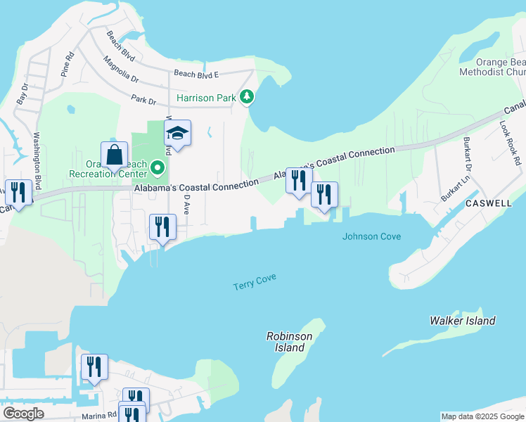 map of restaurants, bars, coffee shops, grocery stores, and more near Main Drive in Orange Beach