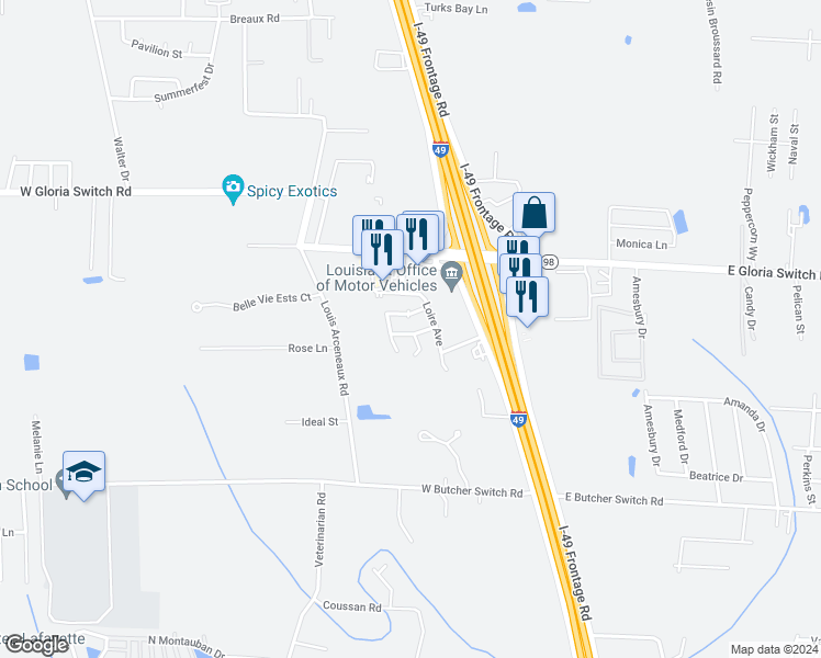 map of restaurants, bars, coffee shops, grocery stores, and more near 305 Cantal Drive in Lafayette