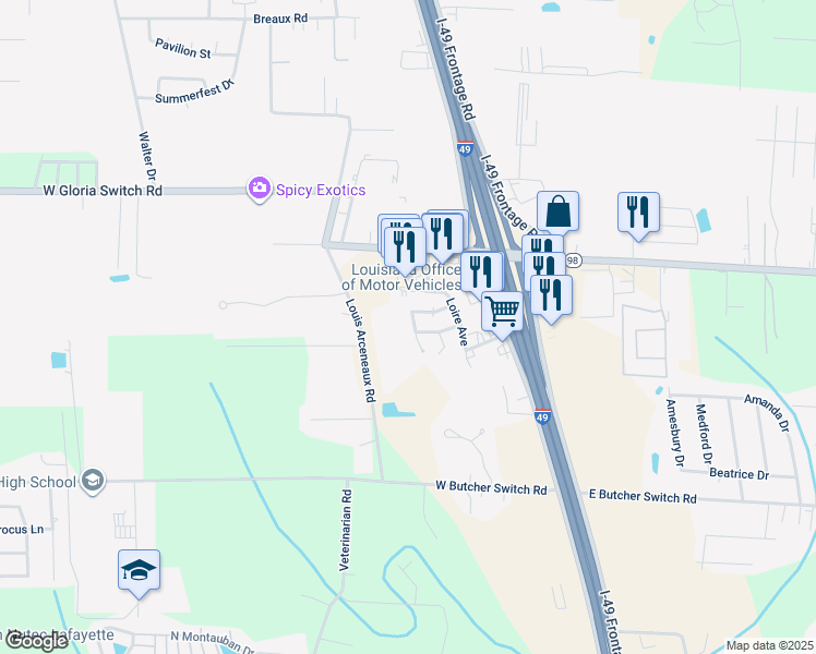 map of restaurants, bars, coffee shops, grocery stores, and more near 701 Louis Arceneaux Road in Lafayette