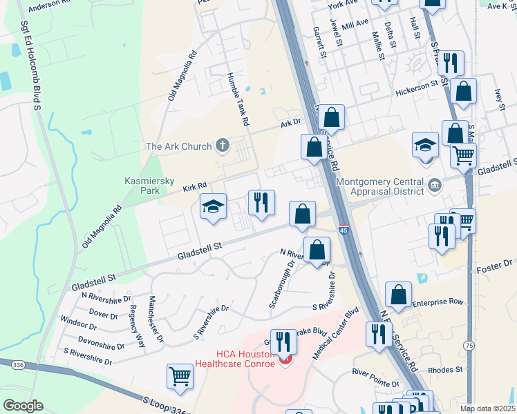 map of restaurants, bars, coffee shops, grocery stores, and more near 804 Gladstell Street in Conroe