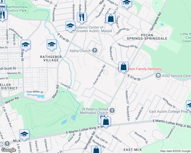 map of restaurants, bars, coffee shops, grocery stores, and more near 4709 Pecan Springs Road in Austin