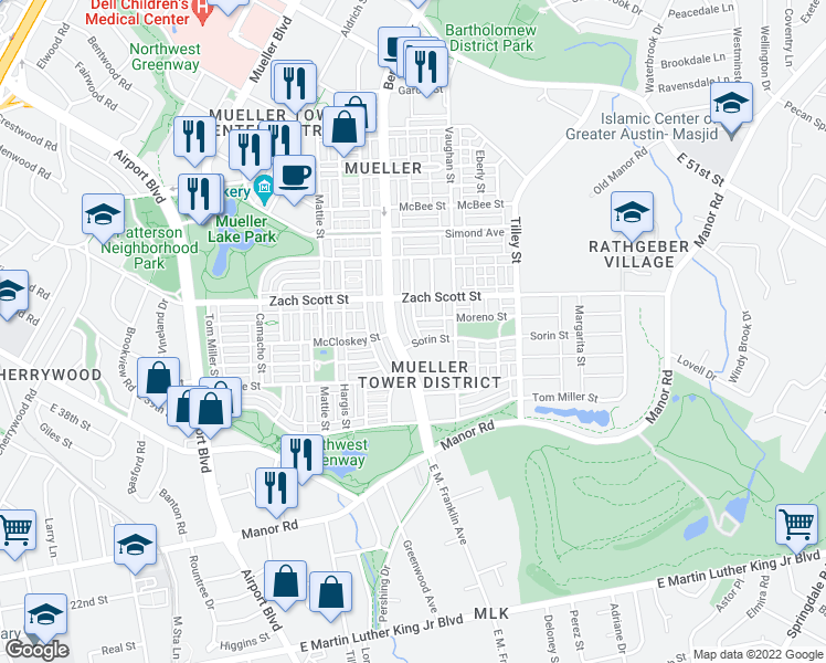 map of restaurants, bars, coffee shops, grocery stores, and more near in Austin