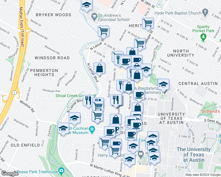 map of restaurants, bars, coffee shops, grocery stores, and more near 2614 San Pedro Street in Austin