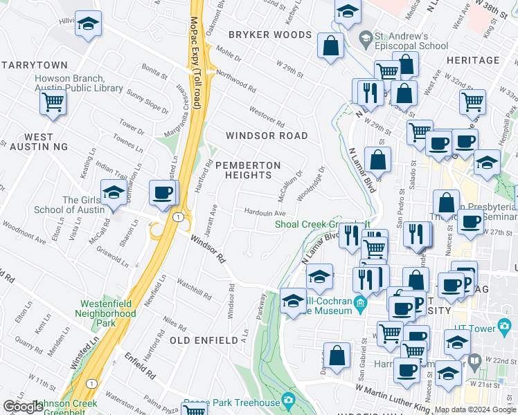 map of restaurants, bars, coffee shops, grocery stores, and more near 1500 Wooldridge Drive in Austin